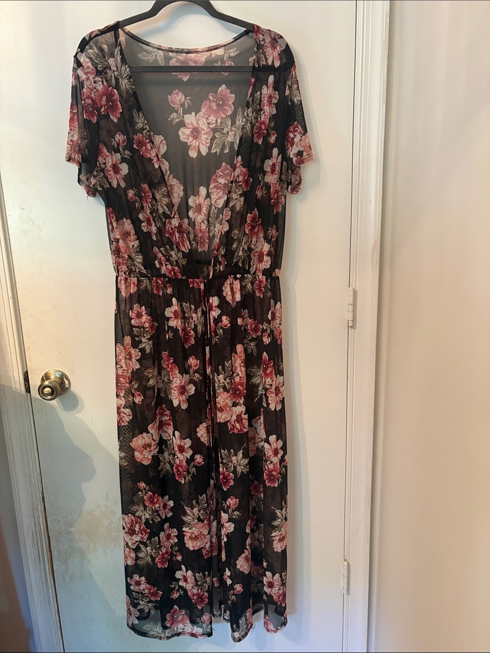 Floral V-Neck Sheer Maxi Kimono with Pink Blooms